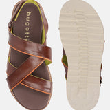 A brown Men's bugatti Back Strap Sandals featuring a round open toe, zero heels heel, and a wide fit. Made from premium genuine leather with a durable eva outsole, this slip-on design offers both style and comfort.