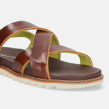 A brown Men's bugatti Back Strap Sandals featuring a round open toe, zero heels heel, and a wide fit. Made from premium genuine leather with a durable eva outsole, this slip-on design offers both style and comfort.