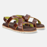 A brown Men's bugatti Back Strap Sandals featuring a round open toe, zero heels heel, and a wide fit. Made from premium genuine leather with a durable eva outsole, this slip-on design offers both style and comfort.