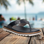 Men's Bugatti thong blue leather shoes with a round toe , a eva outsole.