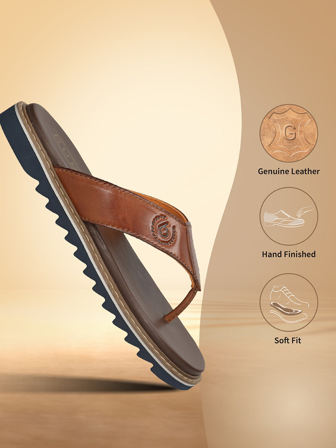 Men's Bugatti thong cognac leather shoes with a round toe , a eva outsole.