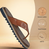 Men's Bugatti thong cognac leather shoes with a round toe , a eva outsole.