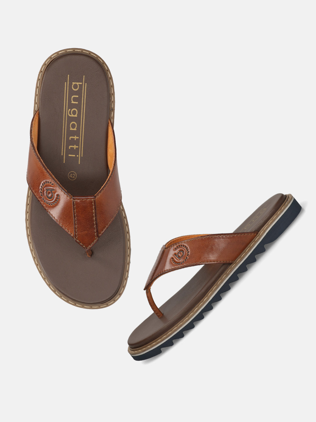 Men's Bugatti thong cognac leather shoes with a round toe , a eva outsole.