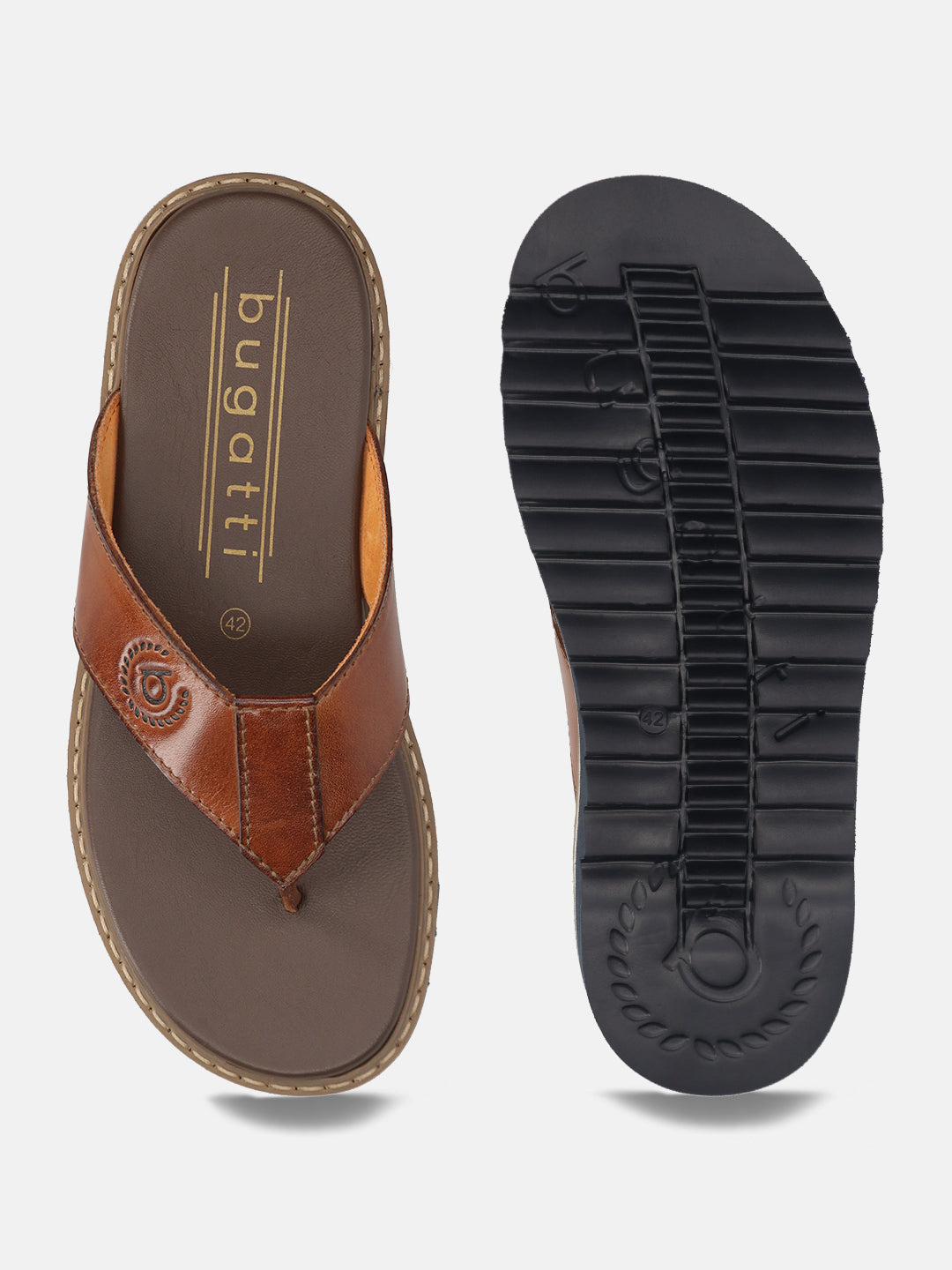 Men's Bugatti thong cognac leather shoes with a round toe , a eva outsole.