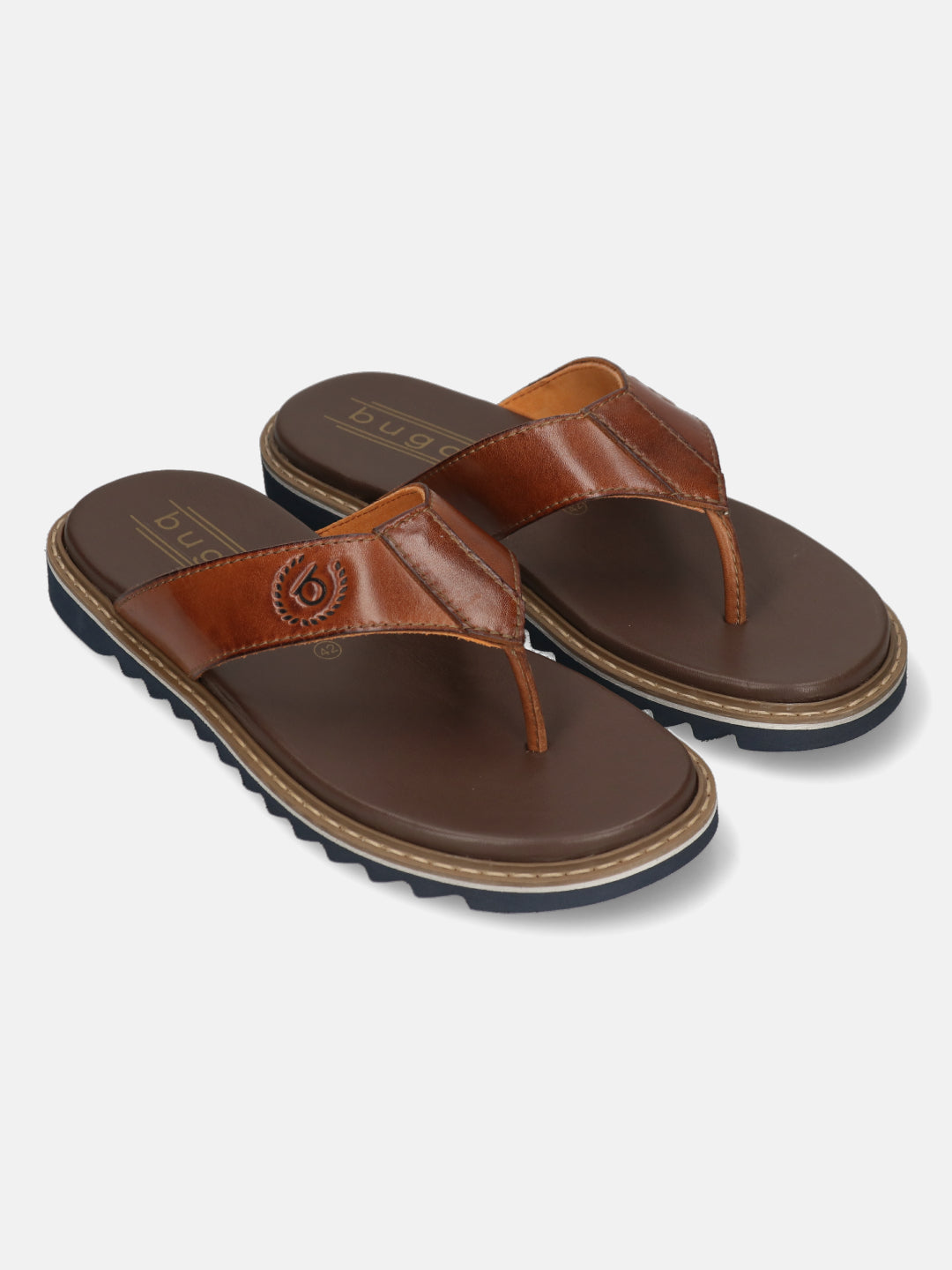 Men's Bugatti thong cognac leather shoes with a round toe , a eva outsole.