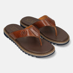 Men's Bugatti thong cognac leather shoes with a round toe , a eva outsole.