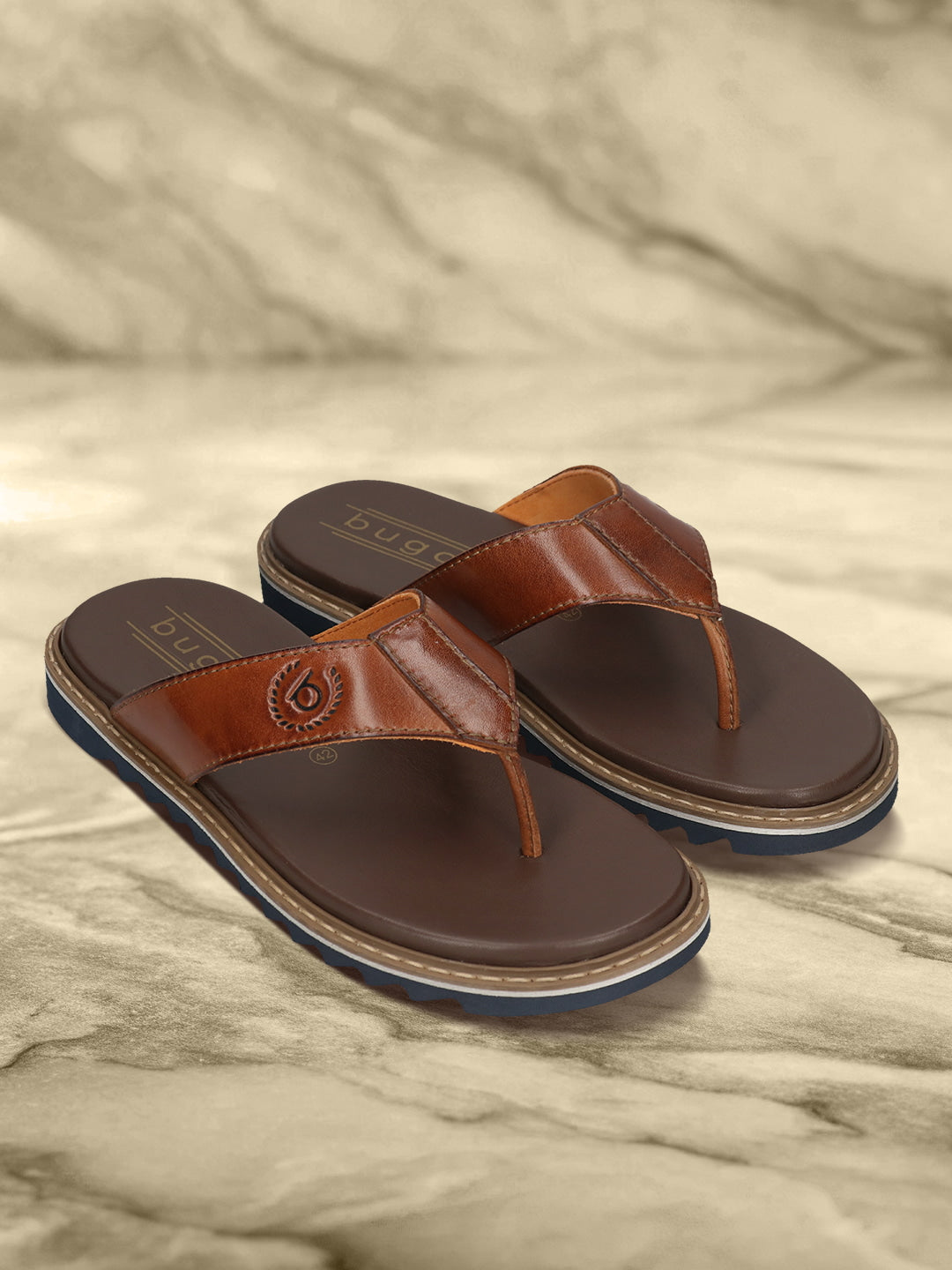 Men's Bugatti thong cognac leather shoes with a round toe , a eva outsole.