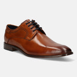 A cognac Men's bugatti Derby featuring a round toe plain toe, stacked heel. Made from premium genuine leather with a durable leather outsole, this laces design offers both style and comfort.