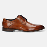 A cognac Men's bugatti Derby featuring a round toe plain toe, stacked heel. Made from premium genuine leather with a durable leather outsole, this laces design offers both style and comfort.