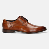 A cognac Men's bugatti Derby featuring a round toe plain toe, stacked heel. Made from premium genuine leather with a durable leather outsole, this laces design offers both style and comfort.