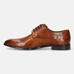 A cognac Men's bugatti Derby featuring a round toe plain toe, stacked heel. Made from premium genuine leather with a durable leather outsole, this laces design offers both style and comfort.
