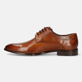 A cognac Men's bugatti Derby featuring a round toe plain toe, stacked heel. Made from premium genuine leather with a durable leather outsole, this laces design offers both style and comfort.