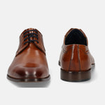 A cognac Men's bugatti Derby featuring a round toe plain toe, stacked heel. Made from premium genuine leather with a durable leather outsole, this laces design offers both style and comfort.