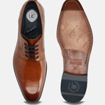 A cognac Men's bugatti Derby featuring a round toe plain toe, stacked heel. Made from premium genuine leather with a durable leather outsole, this laces design offers both style and comfort.