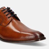 A cognac Men's bugatti Derby featuring a round toe plain toe, stacked heel. Made from premium genuine leather with a durable leather outsole, this laces design offers both style and comfort.