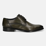 Men's Bugatti derby green leather shoes with a pointed toe and plain toe featuring a stacked heel , a leather outsole , and laces fastening.