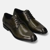 Men's Bugatti derby green leather shoes with a pointed toe and plain toe featuring a stacked heel , a leather outsole , and laces fastening.