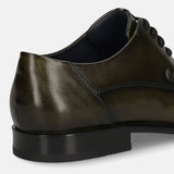 Men's Bugatti derby green leather shoes with a pointed toe and plain toe featuring a stacked heel , a leather outsole , and laces fastening.