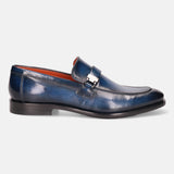A blue Men's bugatti Penny Loafer featuring a round plain toe, stacked heel. Made from premium genuine leather with a durable leather outsole, this slip-on design offers both style and comfort.