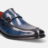 A blue Men's bugatti Penny Loafer featuring a round plain toe, stacked heel. Made from premium genuine leather with a durable leather outsole, this slip-on design offers both style and comfort.