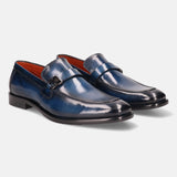 A blue Men's bugatti Penny Loafer featuring a round plain toe, stacked heel. Made from premium genuine leather with a durable leather outsole, this slip-on design offers both style and comfort.