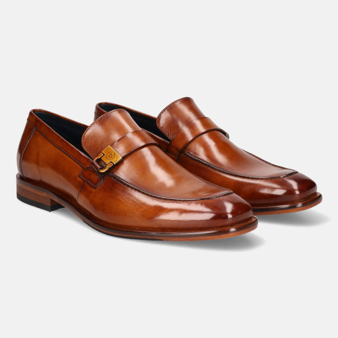 A cognac Men's bugatti Penny Loafer featuring a round plain toe, stacked heel. Made from premium genuine leather with a durable leather outsole, this slip-on design offers both style and comfort.
