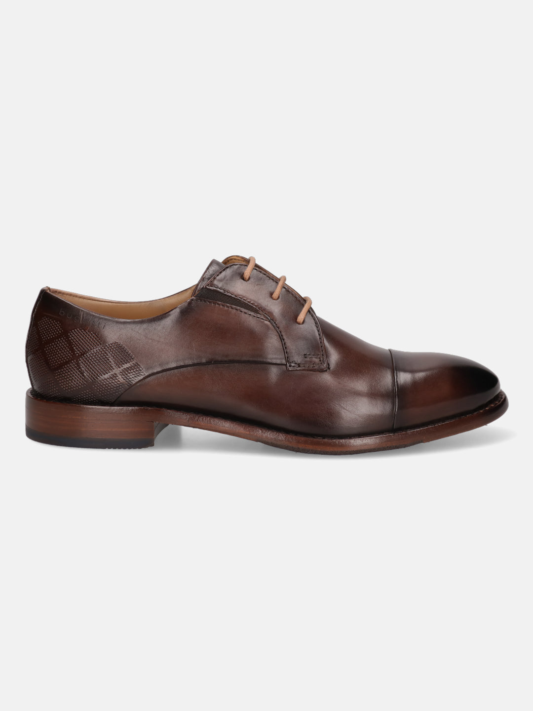 A brown Men's bugatti Derby featuring a round cap toe, stacked heel. Made from premium genuine leather with a durable leather outsole, this laces design offers both style and comfort.