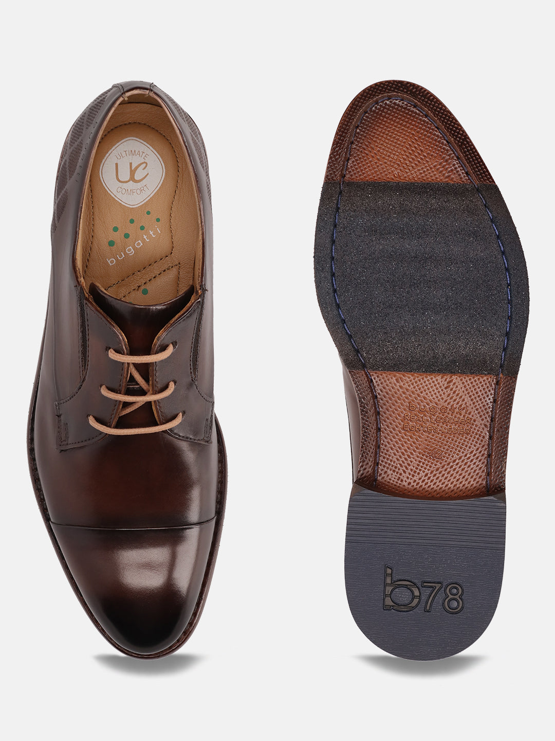 A brown Men's bugatti Derby featuring a round cap toe, stacked heel. Made from premium genuine leather with a durable leather outsole, this laces design offers both style and comfort.