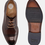A brown Men's bugatti Derby featuring a round cap toe, stacked heel. Made from premium genuine leather with a durable leather outsole, this laces design offers both style and comfort.