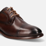 A brown Men's bugatti Derby featuring a round cap toe, stacked heel. Made from premium genuine leather with a durable leather outsole, this laces design offers both style and comfort.