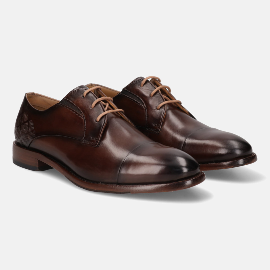 A brown Men's bugatti Derby featuring a round cap toe, stacked heel. Made from premium genuine leather with a durable leather outsole, this laces design offers both style and comfort.