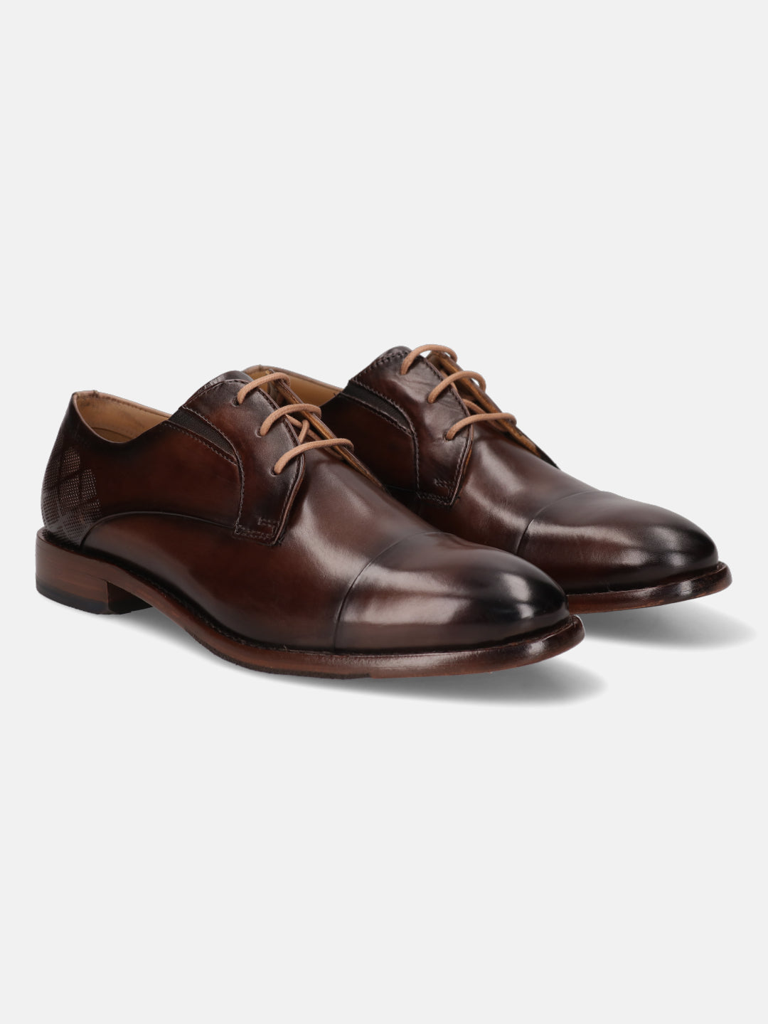 A brown Men's bugatti Derby featuring a round cap toe, stacked heel. Made from premium genuine leather with a durable leather outsole, this laces design offers both style and comfort.