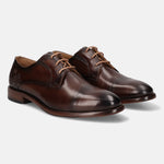 A brown Men's bugatti Derby featuring a round cap toe, stacked heel. Made from premium genuine leather with a durable leather outsole, this laces design offers both style and comfort.