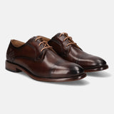 A brown Men's bugatti Derby featuring a round cap toe, stacked heel. Made from premium genuine leather with a durable leather outsole, this laces design offers both style and comfort.