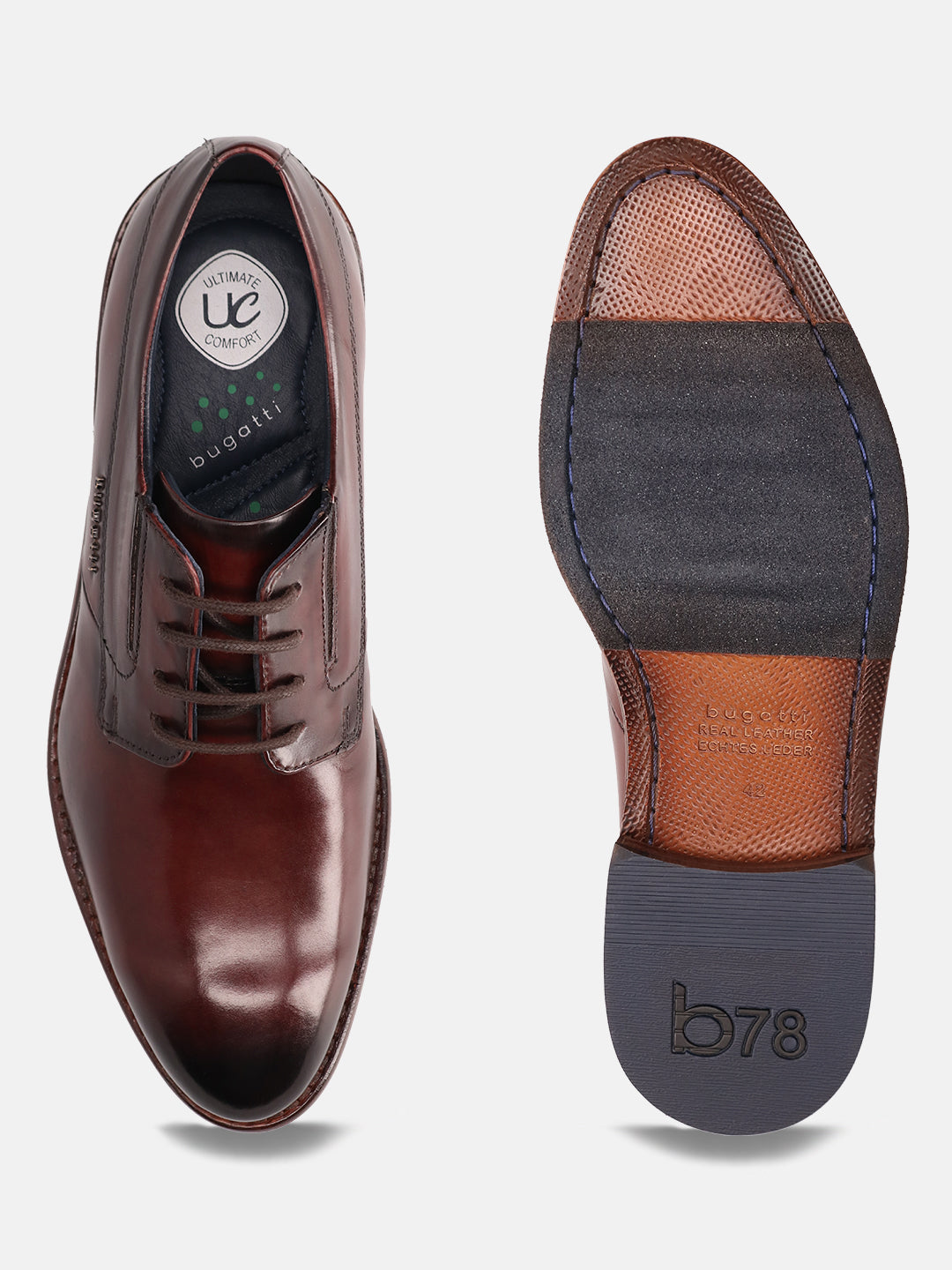 A grey Men's bugatti Derby featuring a round plain toe, stacked heel. Made from premium genuine leather with a durable leather outsole, this laces design offers both style and comfort.
