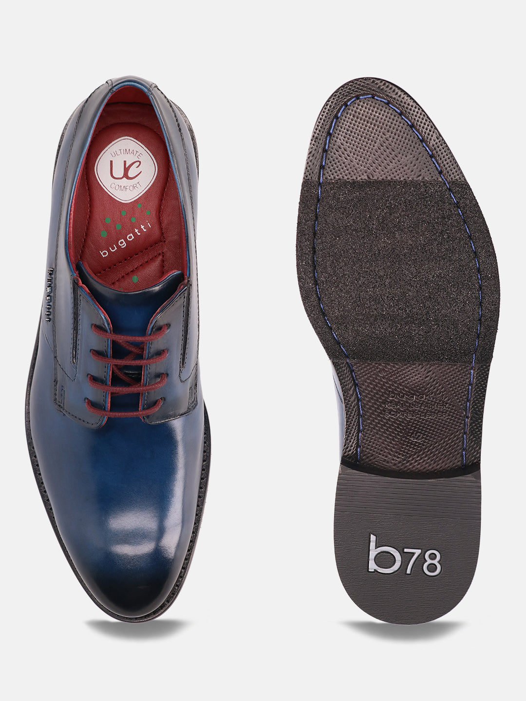 A blue Men's bugatti Derby featuring a round plain toe, stacked heel. Made from premium genuine leather with a durable leather outsole, this laces design offers both style and comfort.