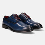A blue Men's bugatti Derby featuring a round plain toe, stacked heel. Made from premium genuine leather with a durable leather outsole, this laces design offers both style and comfort.