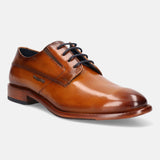A cognac Men's bugatti Derby featuring a round plain toe, stacked heel. Made from premium genuine leather with a durable leather outsole, this laces design offers both style and comfort.