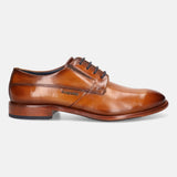 A cognac Men's bugatti Derby featuring a round plain toe, stacked heel. Made from premium genuine leather with a durable leather outsole, this laces design offers both style and comfort.