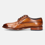 A cognac Men's bugatti Derby featuring a round plain toe, stacked heel. Made from premium genuine leather with a durable leather outsole, this laces design offers both style and comfort.