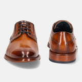 A cognac Men's bugatti Derby featuring a round plain toe, stacked heel. Made from premium genuine leather with a durable leather outsole, this laces design offers both style and comfort.