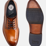 A cognac Men's bugatti Derby featuring a round plain toe, stacked heel. Made from premium genuine leather with a durable leather outsole, this laces design offers both style and comfort.