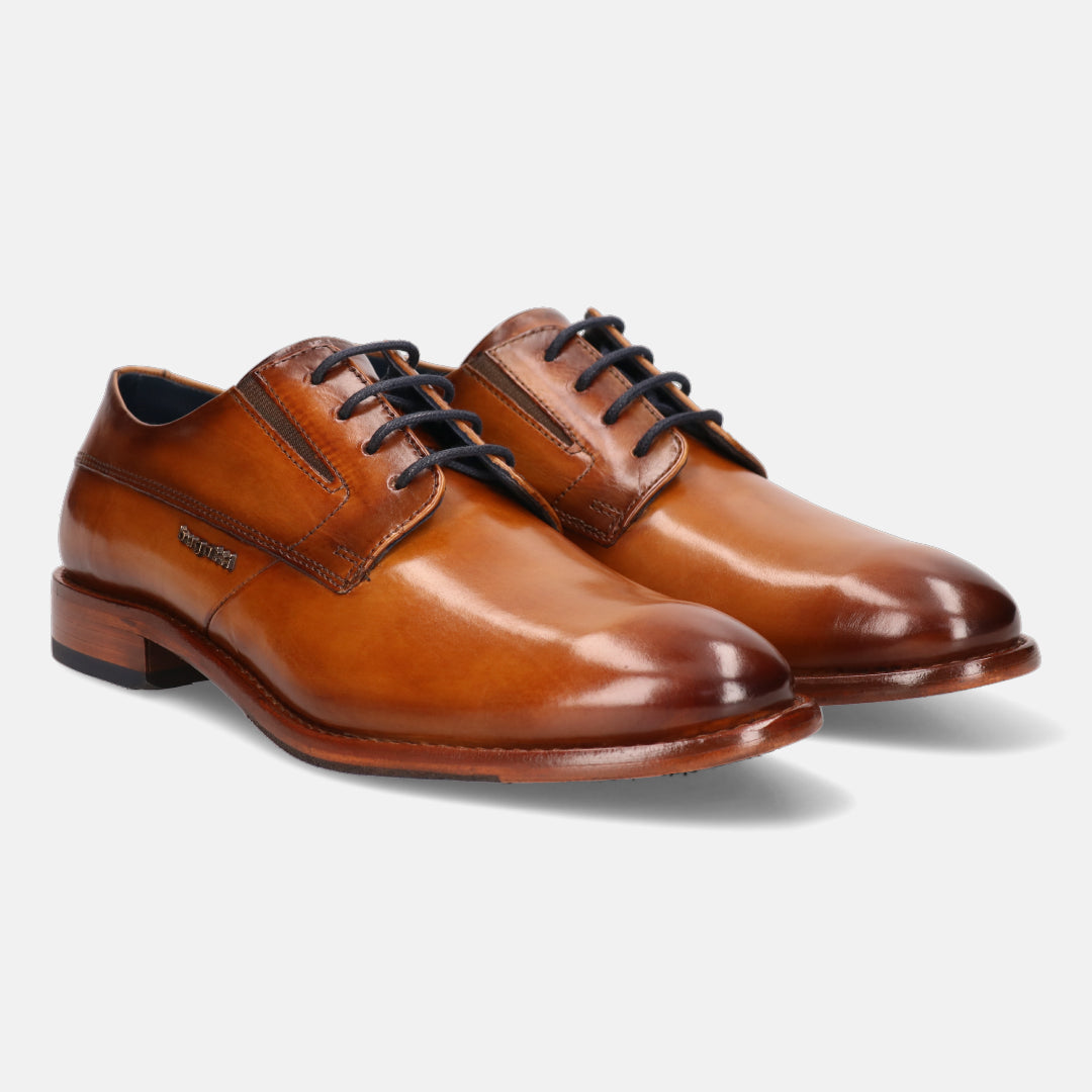 A cognac Men's bugatti Derby featuring a round plain toe, stacked heel. Made from premium genuine leather with a durable leather outsole, this laces design offers both style and comfort.