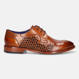 A cognac Men's bugatti Derby featuring a round plain toe, stacked heel. Made from premium genuine leather with a durable leather outsole, this laces design offers both style and comfort.