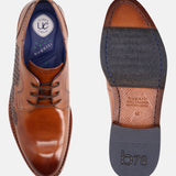 A cognac Men's bugatti Derby featuring a round plain toe, stacked heel. Made from premium genuine leather with a durable leather outsole, this laces design offers both style and comfort.