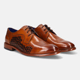 A cognac Men's bugatti Derby featuring a round plain toe, stacked heel. Made from premium genuine leather with a durable leather outsole, this laces design offers both style and comfort.