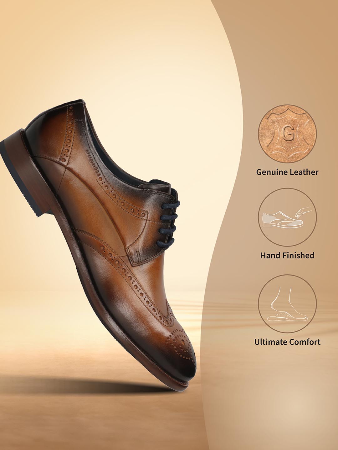 Men's Bugatti derby cognac leather shoes with a round toe and wing tip featuring a stacked heel , a leather outsole , and laces fastening.