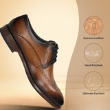 Men's Bugatti derby cognac leather shoes with a round toe and wing tip featuring a stacked heel , a leather outsole , and laces fastening.