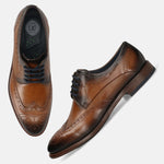 Men's Bugatti derby cognac leather shoes with a round toe and wing tip featuring a stacked heel , a leather outsole , and laces fastening.
