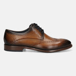 Men's Bugatti derby cognac leather shoes with a round toe and wing tip featuring a stacked heel , a leather outsole , and laces fastening.